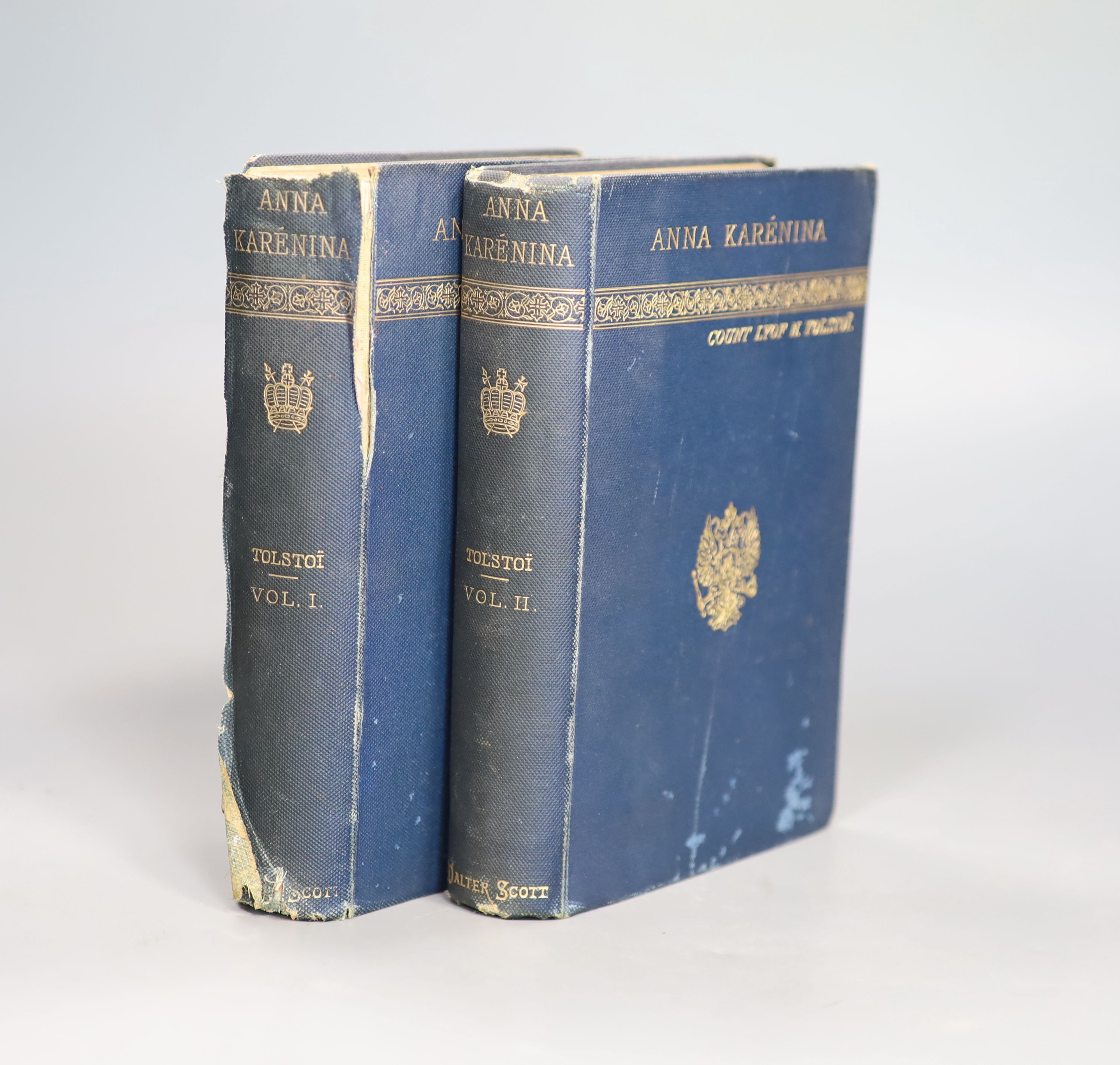 Tolstoy, Leo - Anna Karenina, 2 vols, 8vo, original blue cloth gilt, split to rear joint vol. 1, Walter Scott, London, c.1889